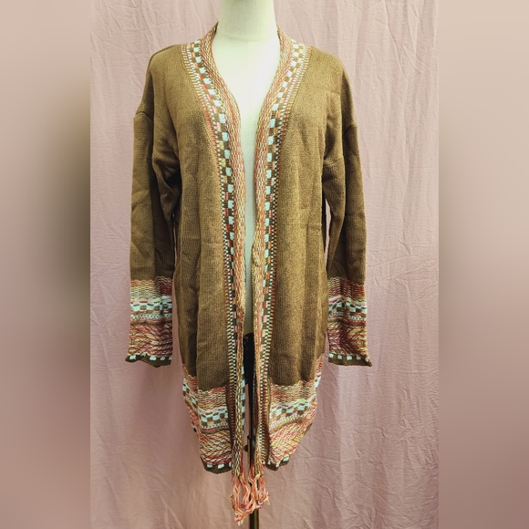 SHEIN LUNE Checkered & Geo Pattern Drop Shoulder Fringe Trim Duster Cardigan-(S) - Picture 4 of 10